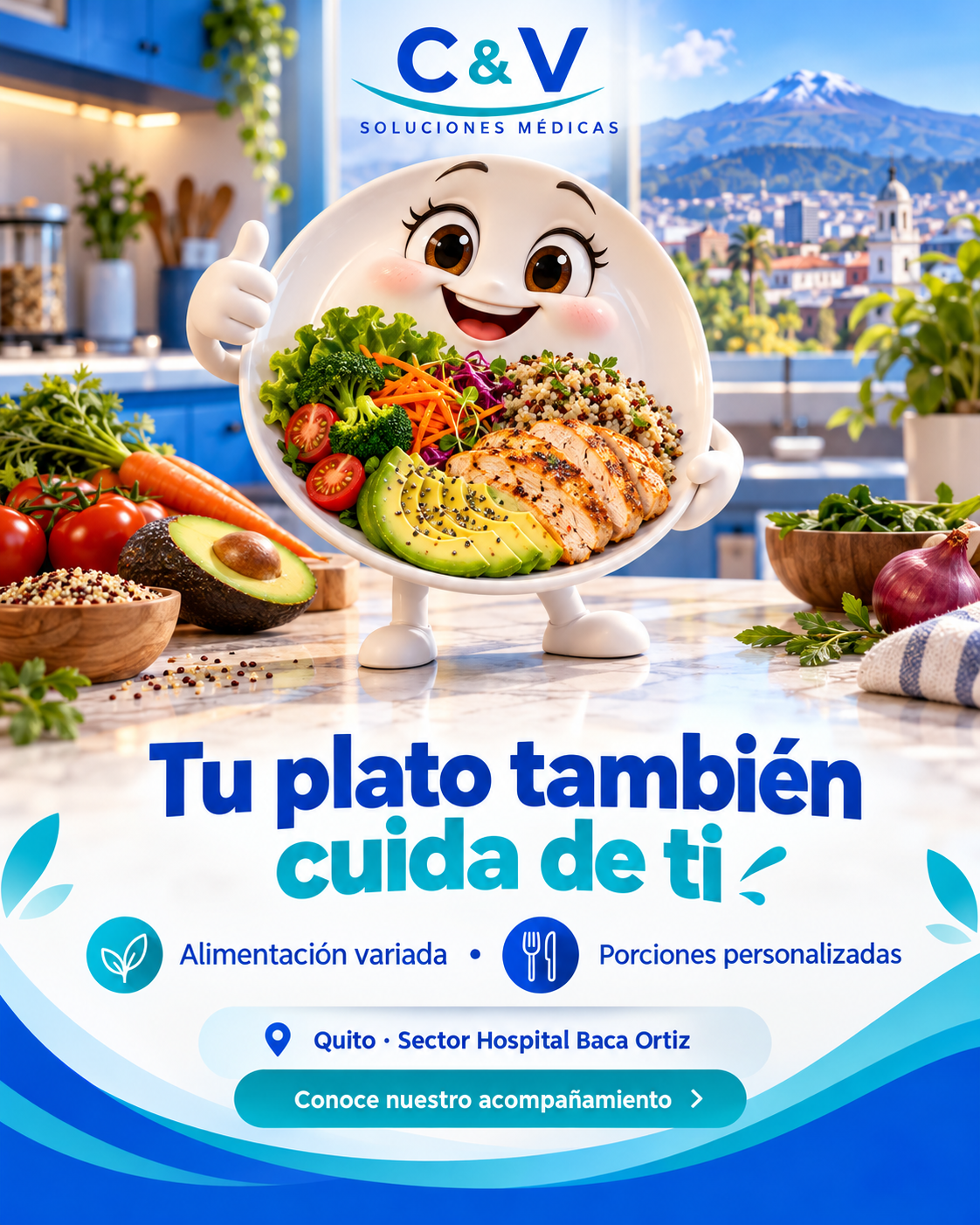 Plato animado con pollo, vegetales, quinoa y aguacate. Tu plato también cuida de ti.